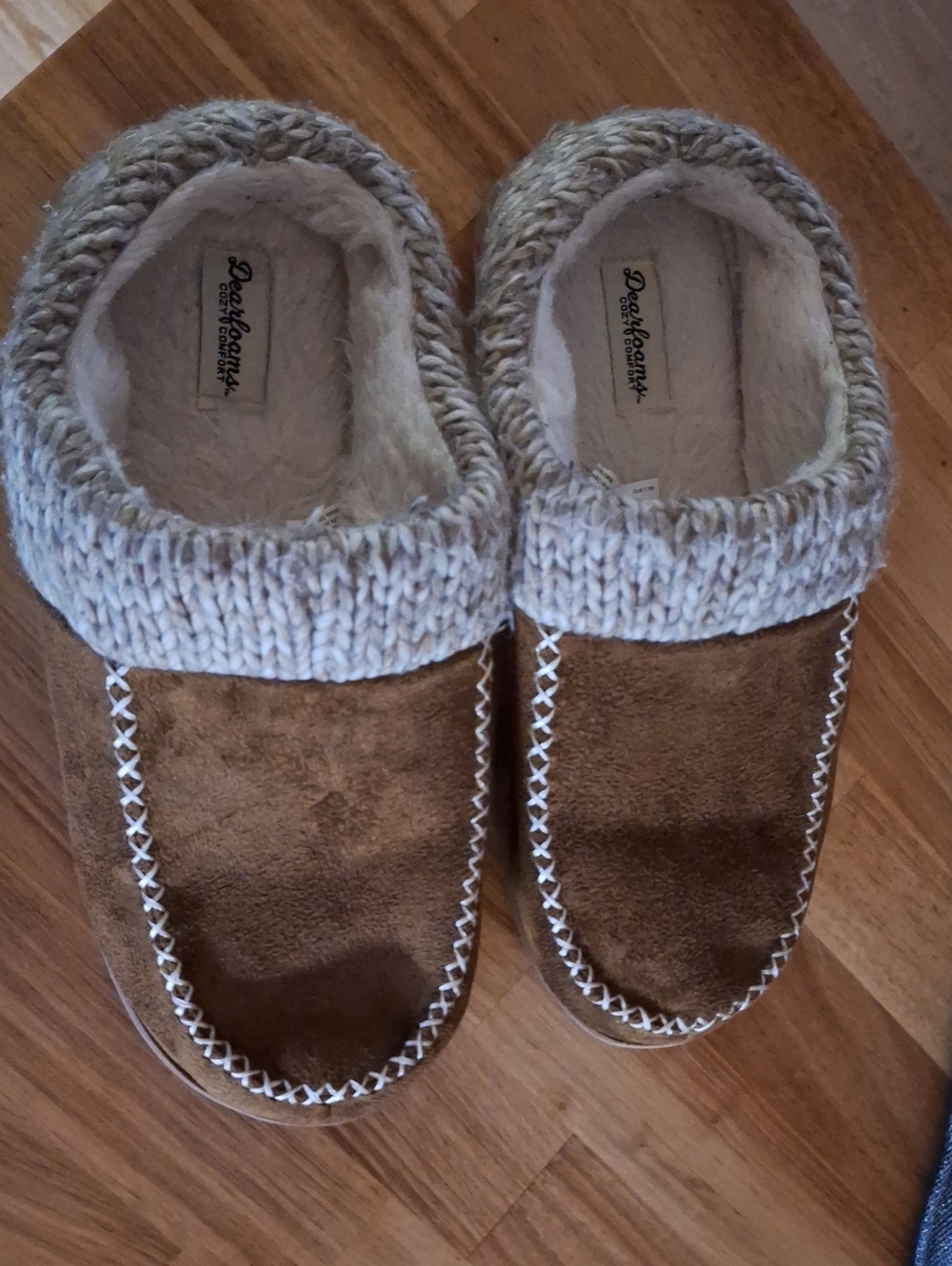 dearfoams Womens Tan Brown Moccasin Slippers with Knit Cuff